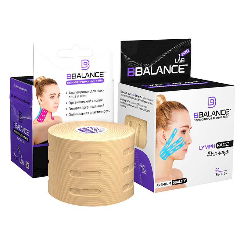 Кинезио тейп Bio Balance Tape Lymph Face для лица перфорированный 5см х 5м бежевый